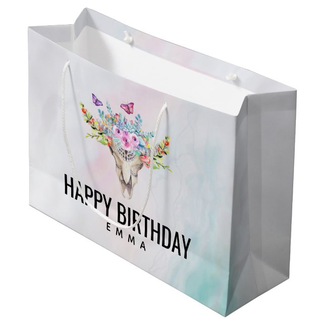 Boho Skull with Butterflies and Flowers Birthday Large Gift Bag (Front Angled)