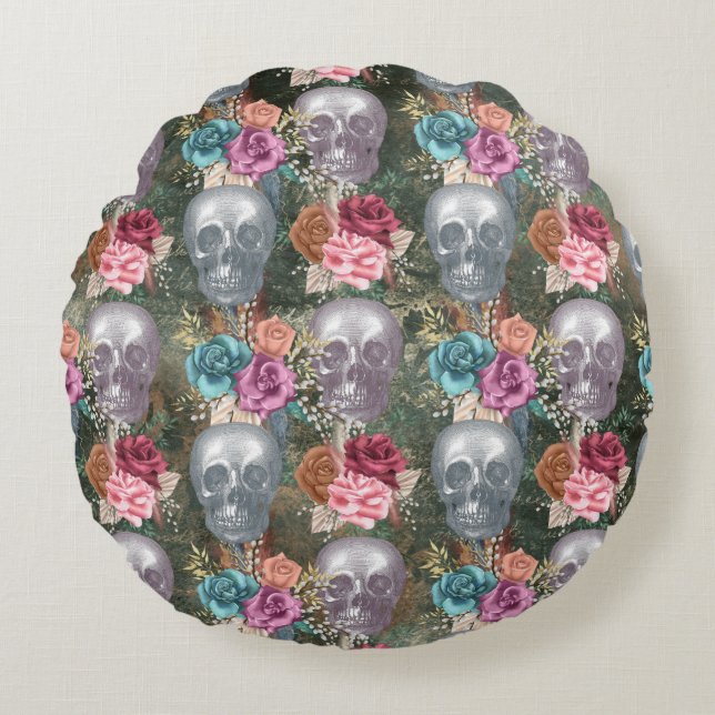 Boho Skull with Flowers Round Cushion (Front)