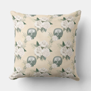 Boho Skull with White Roses Cushion