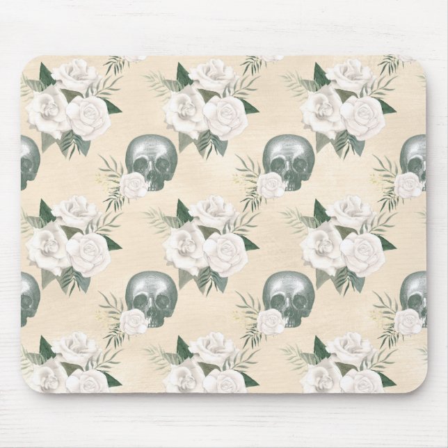 Boho Skull with White Roses Mouse Pad (Front)