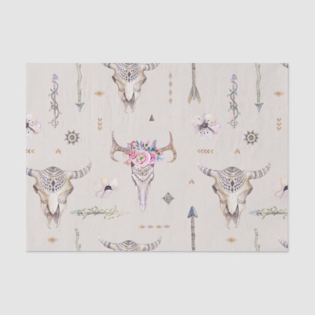 Boho Skulls, Flowers, and Arrows Pattern Tissue Paper (Front)