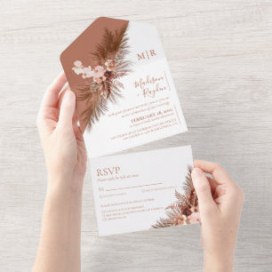 Boho Slant Floral Pampas Grass Terracotta Wedding All In One Invitation