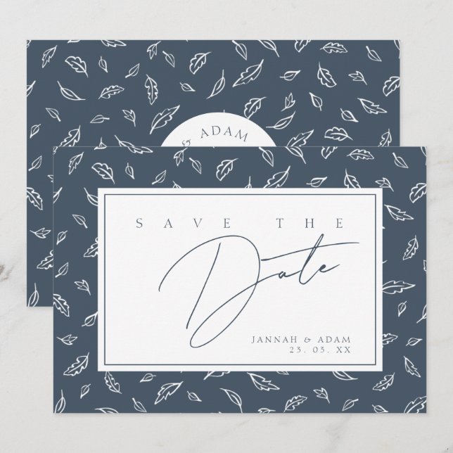 Boho Slate Blue Leaf Monogram Save The Date (Front/Back)