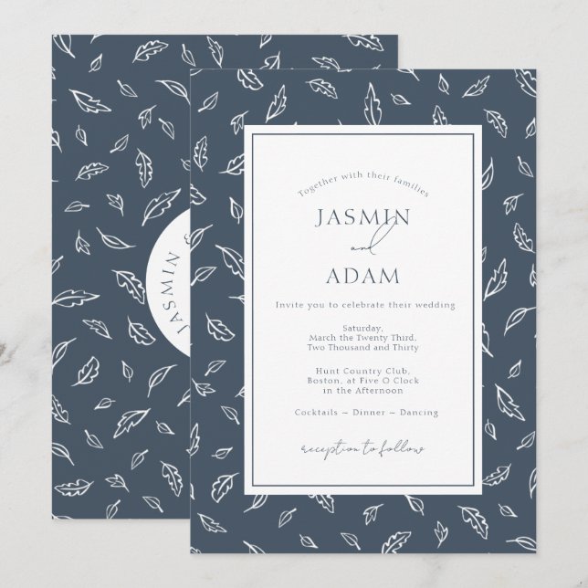 Boho Slate Blue Leaf Monogram Wedding Invitation (Front/Back)