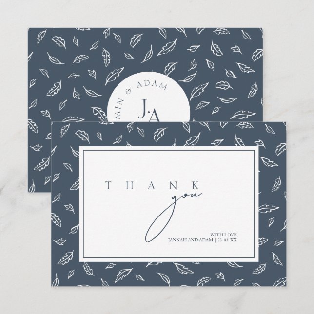 Boho Slate Blue Leaf Monogram Wedding Thank You Card (Front/Back)
