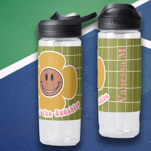 Boho Smiley Good Vibes Olive Pink Custom Name Water Bottle (Creator Uploaded)