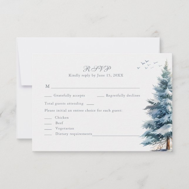 Boho Snowy Mountain & Pine Trees Wedding RSVP Card (Front)