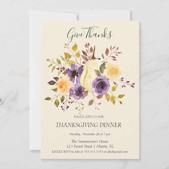 Boho Soft Colour Pumpkin Give Thanks Invitation (Front)