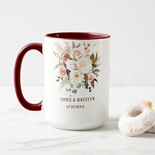 Boho Soft Coloured Rose/White Flowers Wedding Mug (With Donut)