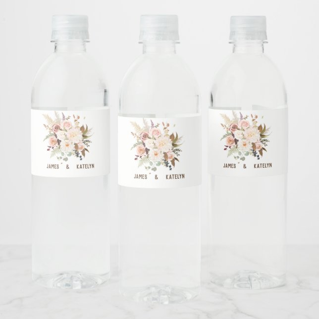 Boho Soft Coloured Rose/White Flowers Wedding Water Bottle Label (Bottles)