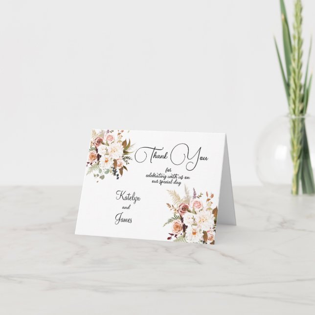 Boho Soft Coloured Roses/White Flowers Wedding Thank You Card (Front)
