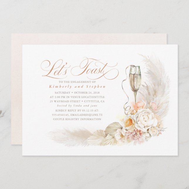 Boho Soft Flowers Pampas Grass Engagement Party Invitation (Front/Back)