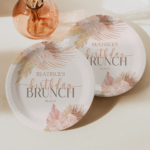 Boho Soft Pink Floral Flower Birthday Brunch Party Paper Plate