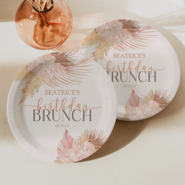 Boho Soft Pink Floral Flower Birthday Brunch Party Paper Plate (Creator Uploaded)