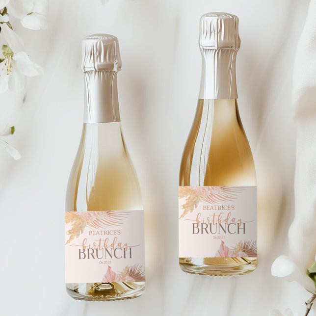 Boho Soft Pink Floral Flower Birthday Brunch Party Sparkling Wine Label (Creator Uploaded)