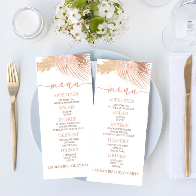 Boho Soft Pink Floral Flower Birthday Party Food Menu (Creator Uploaded)