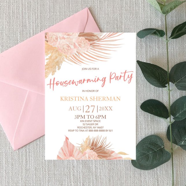 Boho Soft Pink Floral Flower Housewarming Party Invitation (Creator Uploaded)