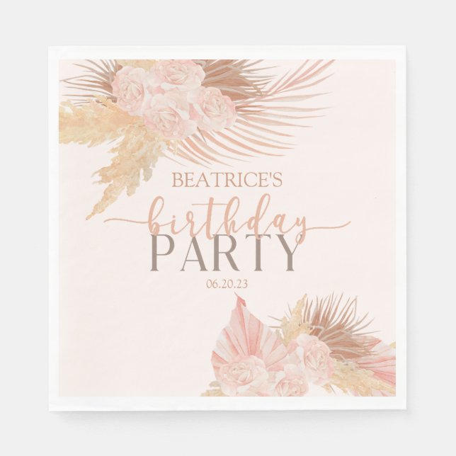 Boho Soft Pink Floral Flowers Birthday Party Napkin (Front)