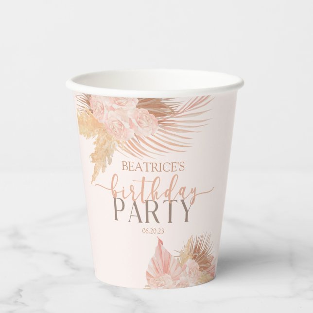 Boho Soft Pink Floral Flowers Birthday Party Paper Cups (Front)