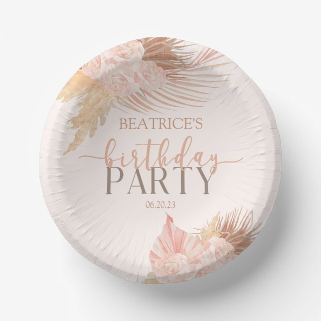 Boho Soft Pink Floral Flowers Birthday Party Paper Plate (Front)