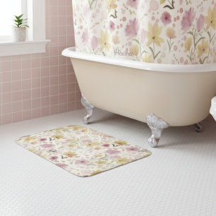 Boho Soft Pink Watercolor Wildflower  Bath Mat