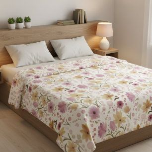 Boho Soft Pink Watercolor Wildflower  Fleece Blanket