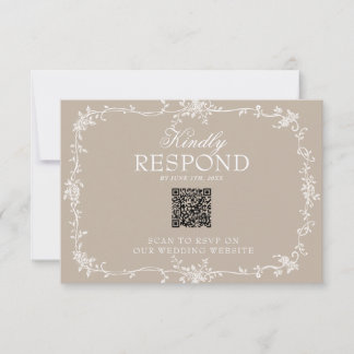 Boho Soft Taupe Floral QR Code Botanical Wedding RSVP Card