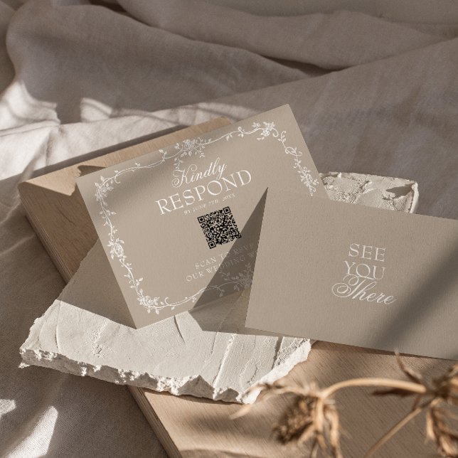 Boho Soft Taupe Floral QR Code Botanical Wedding RSVP Card (Creator Uploaded)