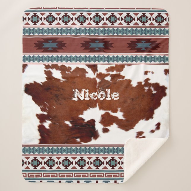 Boho South Western Cowhide Name Sherpa Blanket (Front)