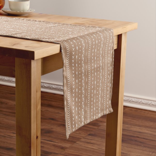 Boho Southern Geometric Stripe Warm Neutral Tan Short Table Runner (In Situ)