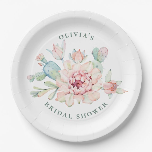 Boho Southwestern Bridal Shower | Floral Cactus Paper Plate (Front)