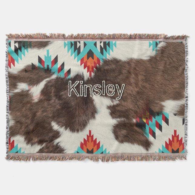 Boho Southwestern Cowhide Aztec Pattern Name Throw Blanket (Front)