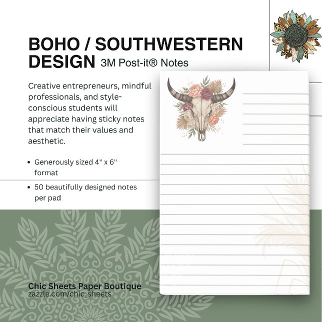 Boho-Southwestern Style Cow Skull Lined 3M  Post-it Notes (Creator Uploaded)
