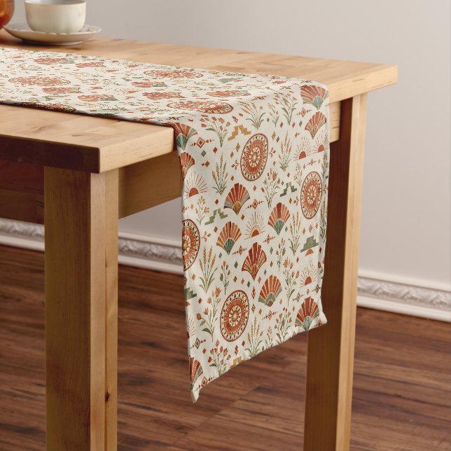 Boho Southwestern Sunburst Floral Pattern Short Table Runner (In Situ)