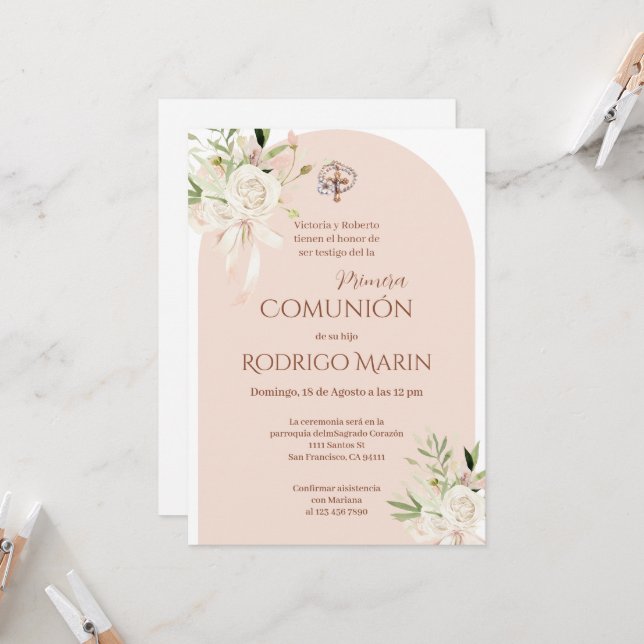 Boho Spanish First Holy Communion Invitation (Front/Back In Situ)