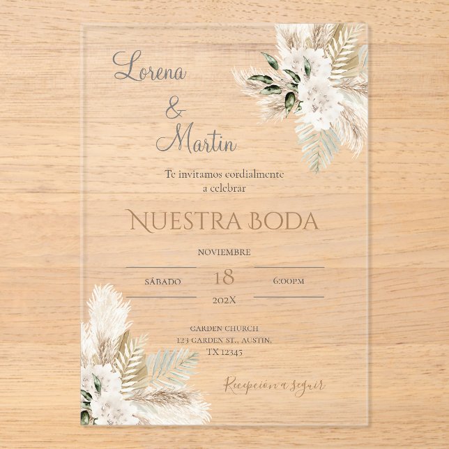 Boho Spanish Wedding Acrylic Invitation (Front)
