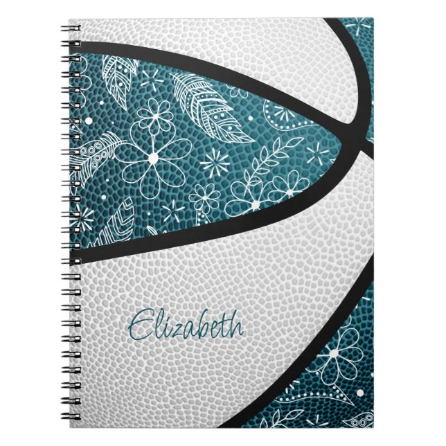 Boho sports doodle pattern teal white basketball notebook (Front)