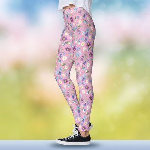 Boho Spring Blue and Purple Watercolor Pink Floral Leggings