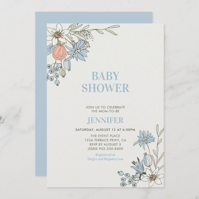Boho Spring Blue Floral Baby Shower Invitation (Front/Back)