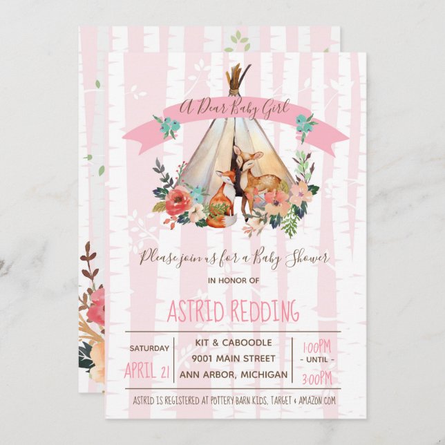 Boho Spring, Dear Baby Girl Woodland Shower Invite (Front/Back)