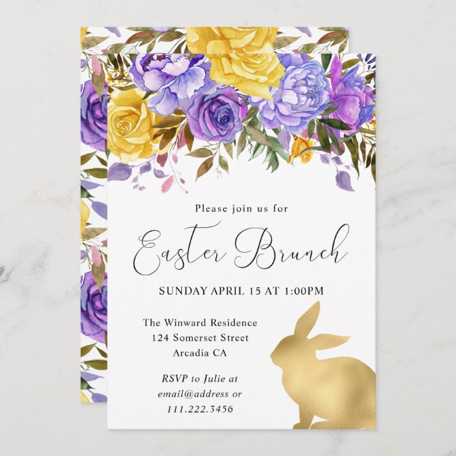 Boho Spring Flowers and Gold Bunnies Easter Brunch Invitation (Front/Back)