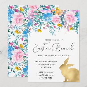 Boho Spring Flowers and Gold Bunnies Easter Brunch Invitation