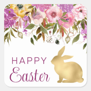 Boho Spring Flowers and Gold Bunnies Happy Easter Square Sticker