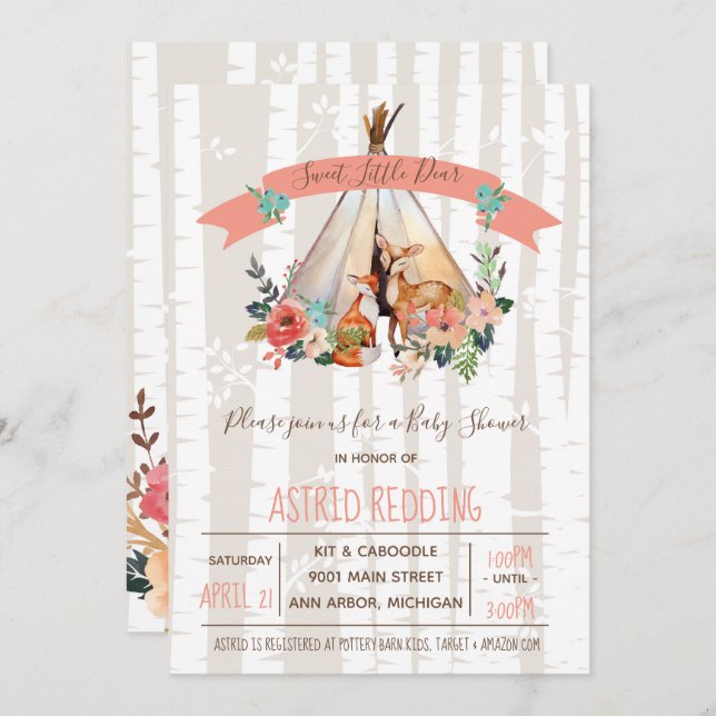 Boho Spring Little Deer Woodland Baby Shower Invitation (Front/Back)