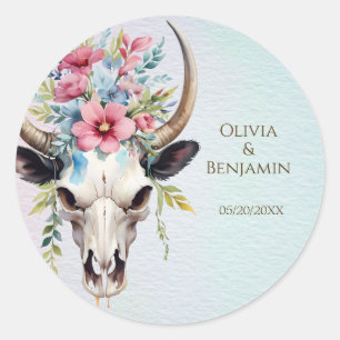 Boho Spring Watercolor Floral Cow Skull Wedding Classic Round Sticker