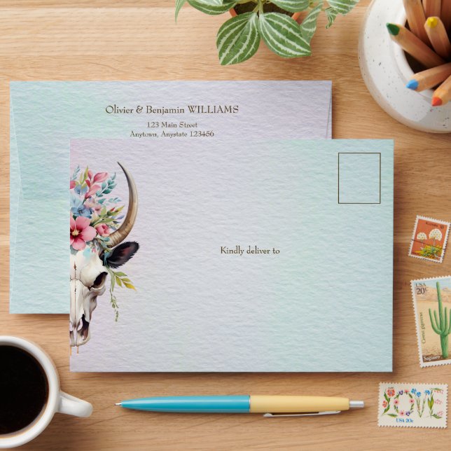 Boho Spring Watercolor Floral Cow Skull Wedding Envelope (Desk)