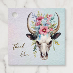 Boho Spring Watercolor Floral Cow Skull Wedding Favour Tags