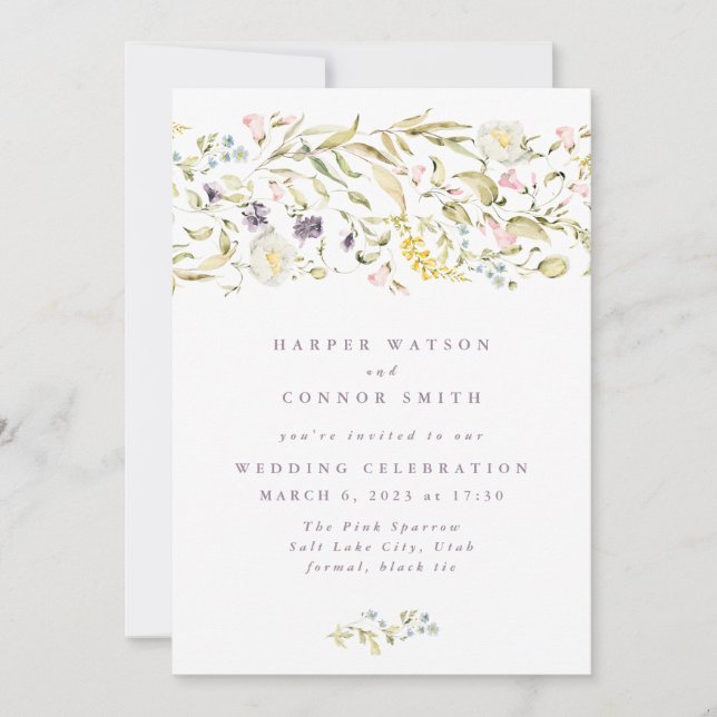 Boho Spring Wild Botanical Florals Stripe Wedding Invitation (Front)