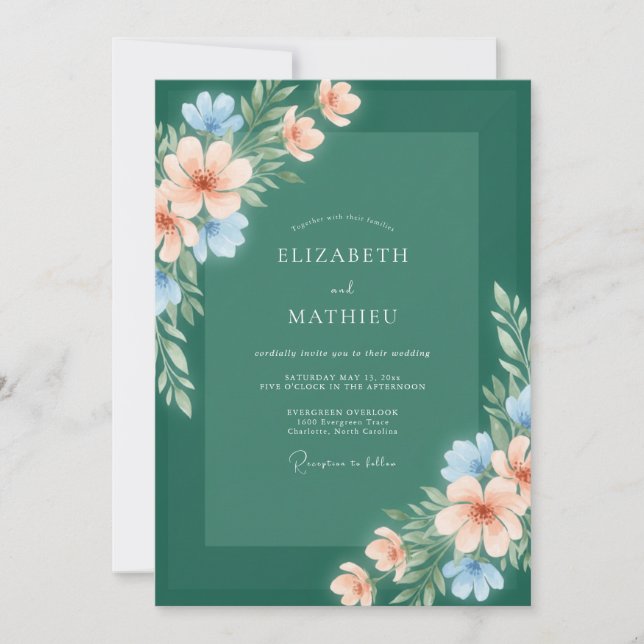 Boho Spruce Periwinkle Blossom Wedding Invitation (Front)
