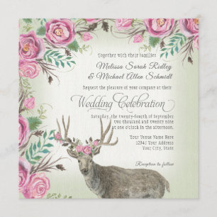 BOHO Square Rose Floral Crown Deer Antler Sage Invitation